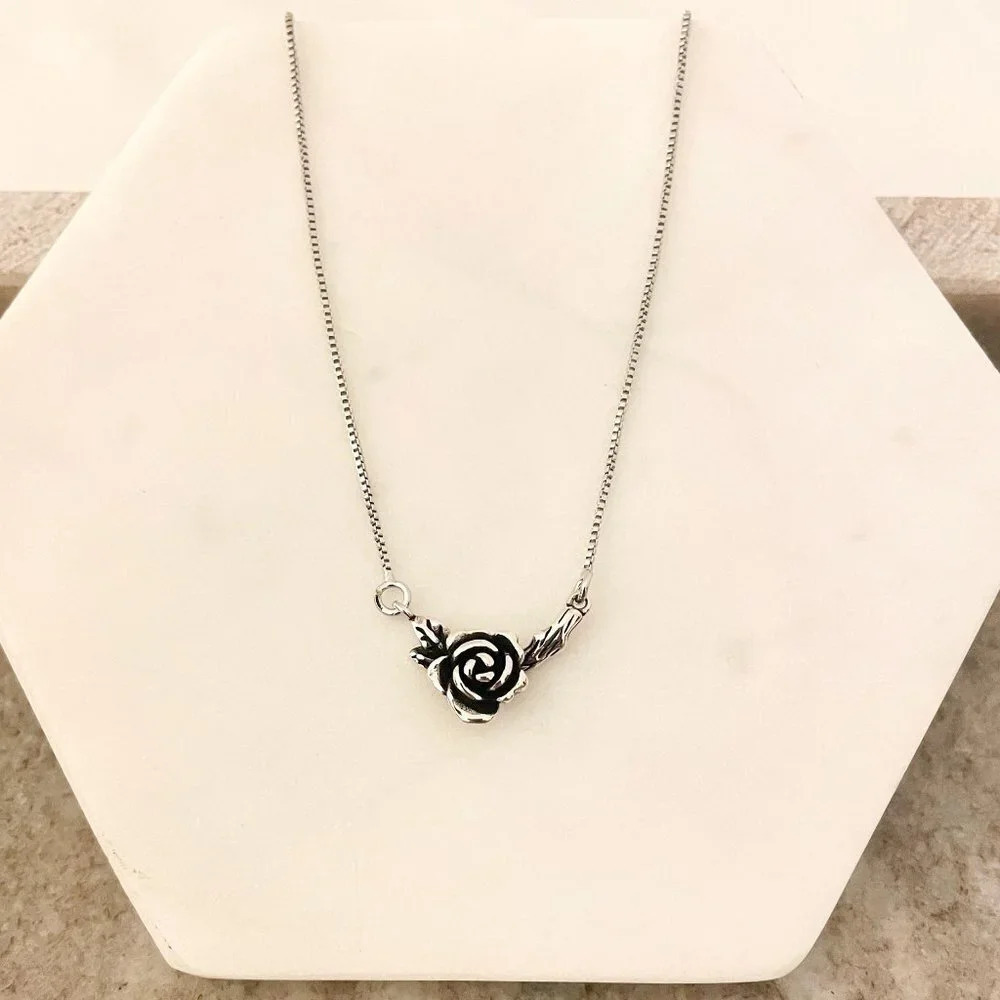 925 Sterling Silver Vintage Rose Flower Necklace Flower Chain Link Necklace